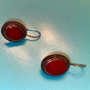Silver earrings with red stone